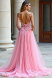 A Line Spaghetti Straps Abito lungo da ballo in pizzo rosa