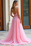A Line Spaghetti Straps Abito lungo da ballo in pizzo rosa