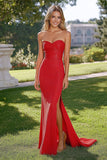 Sirena rossa senza spalline paillettes lungo Abito da Cerimonia con fessura
