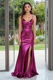 Viola scuro Spaghetti Straps Metallic Satin Abito da ballo lungo con fessura