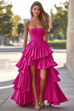 Fucsia A-Line senza spalline increspato increspato volant raso High-Low Abito da Cerimonia