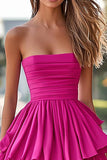 Fucsia A-Line senza spalline increspato increspato volant raso High-Low Abito da Cerimonia