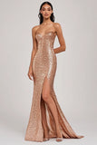Sparkly Champagne Mermaid senza spalline paillettes lungo abito da ballo con fessura