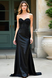 Scintillante nero sirena senza spalline raso lungo abito da ballo con applique di paillettes