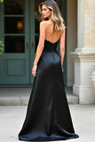 Scintillante nero sirena senza spalline raso lungo abito da ballo con applique di paillettes