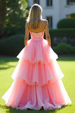Rosa A-Line senza spalline volant tulle abito lungo da ballo