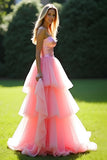 Rosa A-Line senza spalline volant tulle abito lungo da ballo