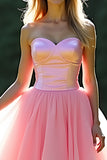Rosa A-Line senza spalline volant tulle abito lungo da ballo