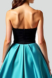 Nero pavone blu A-Line senza spalline raso lungo abito da ballo con scavare fuori