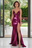 Metallic Dark Purple Mermaid Spaghetti Straps increspato lungo Abito da Cerimonia con fessura