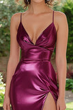 Metallic Dark Purple Mermaid Spaghetti Straps increspato lungo Abito da Cerimonia con fessura