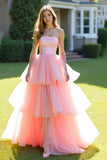 Rosa Ball Gown senza spalline volant tulle lungo Abito da Cerimonia