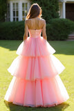 Rosa Ball Gown senza spalline volant tulle lungo Abito da Cerimonia