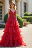 Scintillante rosso Ball Gown profondo V volant tulle lungo abito da ballo con perline