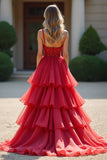 Scintillante rosso Ball Gown profondo V volant tulle lungo abito da ballo con perline