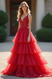 Scintillante rosso Ball Gown profondo V volant tulle lungo abito da ballo con perline