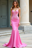 Guaina rosa Spaghetti Straps Abito lungo da ballo in raso con applicazioni