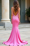 Guaina rosa Spaghetti Straps Abito lungo da ballo in raso con applicazioni