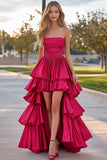 Fucsia A-Line senza spalline volant raso pieghe High-Low Abito da Cerimonia