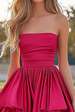 Fucsia A-Line senza spalline volant raso pieghe High-Low Abito da Cerimonia