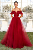 Rosso A-Line Off the Spalla Tulle Abito da Cerimonia
