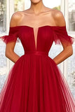 Rosso A-Line Off the Spalla Tulle Abito da Cerimonia