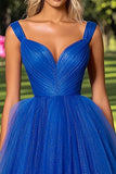 Scintillante Royal Blue V Neck Tulle Increspato Abito da Cerimonia