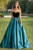 Nero pavone blu Ball Gown senza spalline raso plissettato lungo Abito da Cerimonia