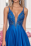Scintillante Royal Blue A-Line profondo scollo a V Appliques Abito da ballo in raso con paillettes
