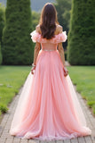 Principessa Rosa Ball Gown arruffato fuori dalla spalla Tulle lungo Abito da Cerimonia con perline