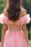 Principessa Rosa Ball Gown arruffato fuori dalla spalla Tulle lungo Abito da Cerimonia con perline
