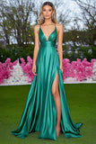 Raso verde Spaghetti Straps A-Line increspato lungo Abito da Cerimonia con fessura