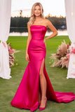 Fucsia Raso Senza Spalline Guaina Abito Lungo Prom con Spacco