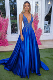 Royal Blue Spaghetti Straps raso A-Line increspato lungo Abito da Cerimonia con applicazioni