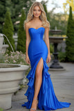 Royal Blue Sweetheart in raso guaina lungo abito da ballo con volant