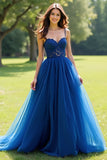 Blu marino Spaghetti Straps tulle A-Line lungo Abito da Cerimonia con applicazioni