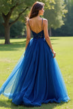 Blu marino Spaghetti Straps tulle A-Line lungo Abito da Cerimonia con applicazioni
