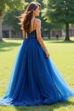 Blu marino Spaghetti Straps tulle A-Line lungo Abito da Cerimonia con applicazioni