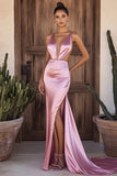 Rosa con scollo a V guaina Cut Out abito da ballo lungo con fessura