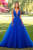 Royal Blue Tulle profondo scollo a V A-Line Abito da ballo lungo