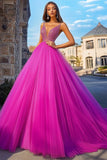 Abito lungo da ballo in tulle con scollo a V fucsia