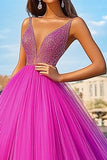 Abito lungo da ballo in tulle con scollo a V fucsia