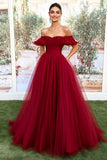 Borgogna Off the Shoulder Tulle A-Line Abito da ballo lungo