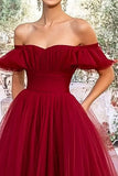 Borgogna Off the Shoulder Tulle A-Line Abito da ballo lungo