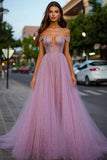 Dusty Rose Glitter Off the Shoulder A-Line Abito lungo da ballo