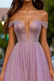 Dusty Rose Glitter Off the Shoulder A-Line Abito lungo da ballo
