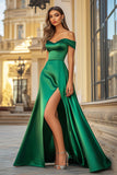 Raso verde Off the Shoulder A-Line Abito da ballo lungo con fessura