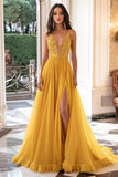 Giallo chiffon con scollo a V A-Line applicato lungo abito da ballo con fessura