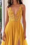 Giallo chiffon con scollo a V A-Line applicato lungo abito da ballo con fessura