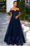 Navy Tulle Off the Shoulder A-Line Abito da ballo lungo con Appliques